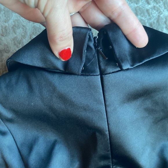 NWT Mac Duggal Black Puff Sleeve V-Neck Satin Collared A-line Midi Dress, size 0 - Picture 10 of 11